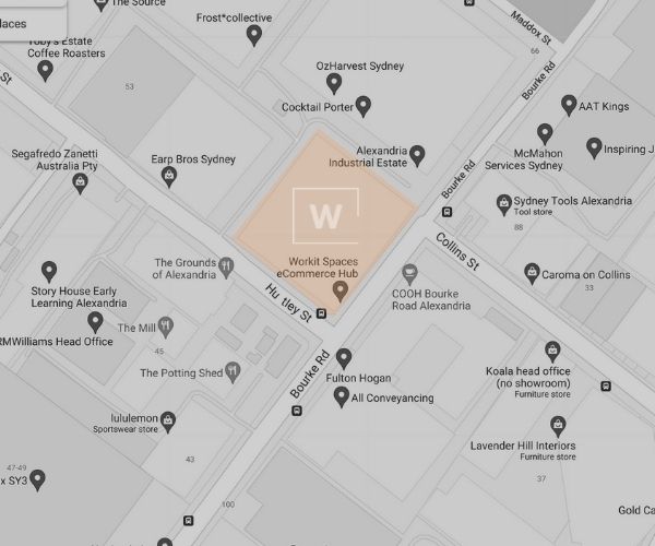 Workit Map - Bourke Rd Hub Workit Spaces' eCommerce Coworking Hub is located at 35-39 Bourke Rd, Alexandria, Sydney